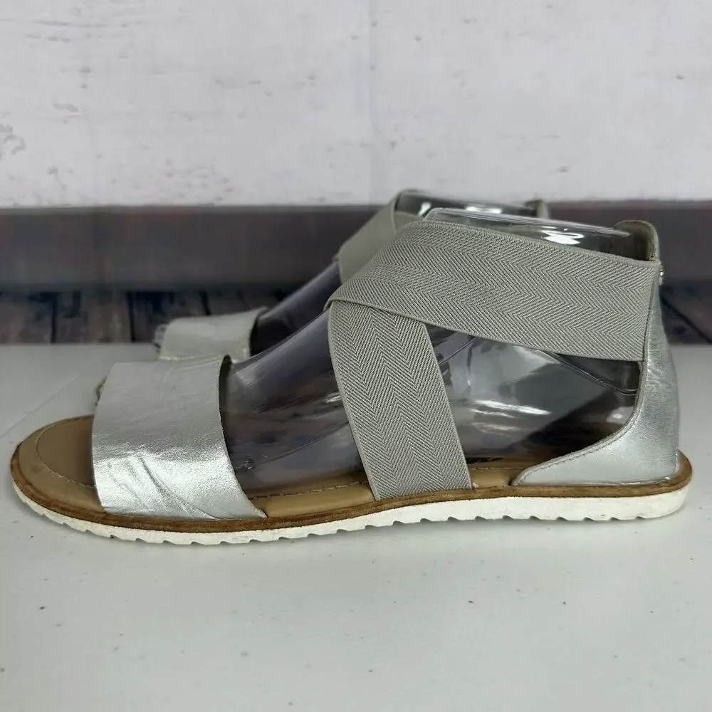 Sorel Sandals Womens 9.5 Silver Cross Strap Flat‎ Slip On Leather Ella